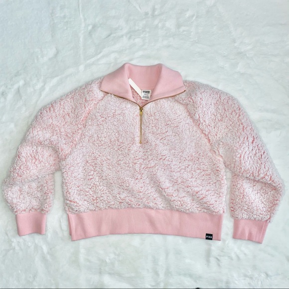 VS Pink | 1/2 Zip Cropped Sherpa Pullover Jacket - Picture 2 of 4